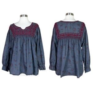 Sister Mary | Embroidered Floral Burgundy Grey Boho Peasant Balloon Sleeve Top